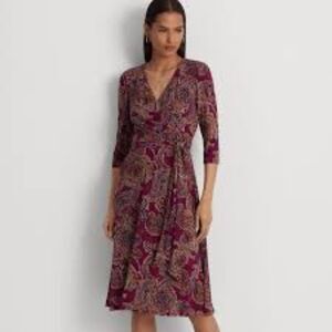 Lauren Ralph Lauren Black Label Paisley Plum Surplice Jersey Midi Dress Size 14